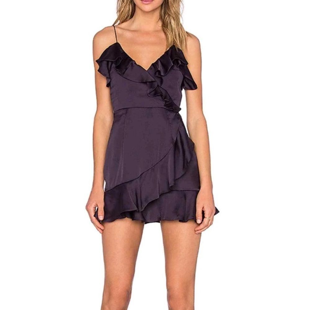 NBD Girl Next Door Dress Midnight Size Small Satin Ruffle Mini Party Dress